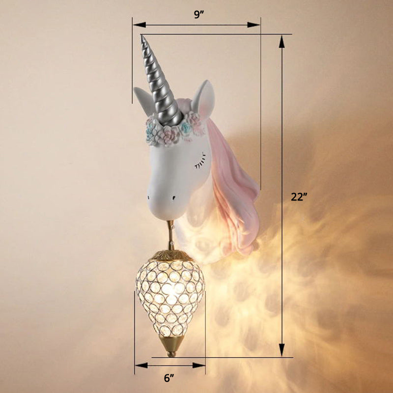 Crystal Droplet Wall Mount Light Cartoon 1-Bulb Sconce Fixture with Unicorn Deco for Kids Room
