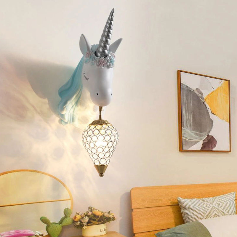 Crystal Droplet Wall Mount Light Cartoon 1-Bulb Sconce Fixture with Unicorn Deco for Kids Room
