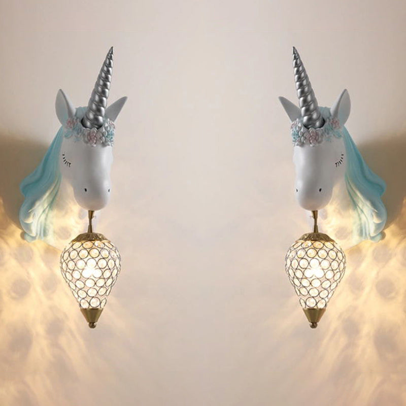 Crystal Droplet Wall Mount Light Cartoon 1-Bulb Sconce Fixture with Unicorn Deco for Kids Room