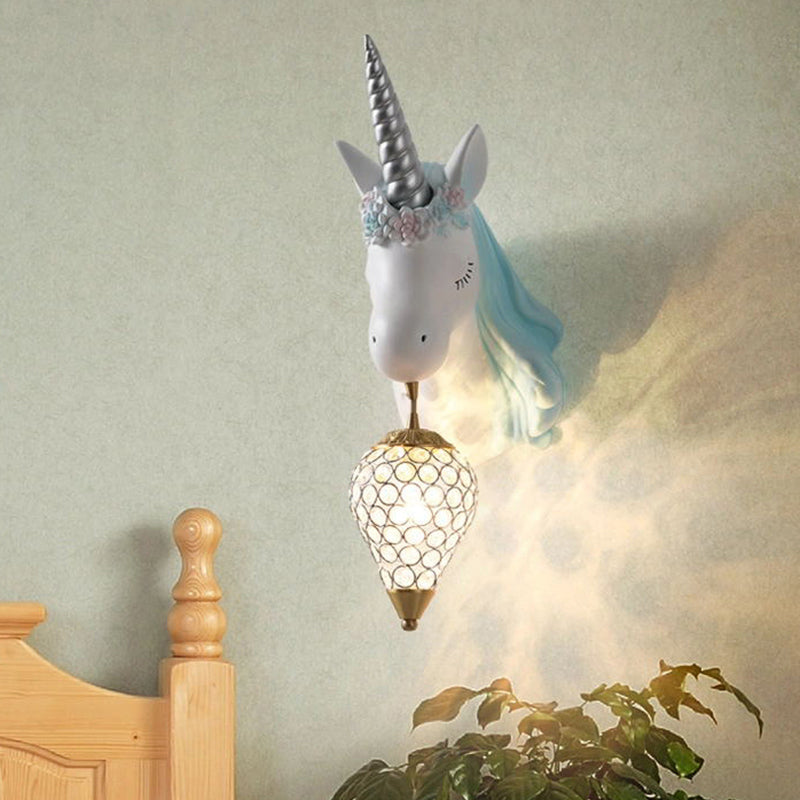 Crystal Droplet Wall Mount Light Cartoon 1-Bulb Sconce Fixture with Unicorn Deco for Kids Room