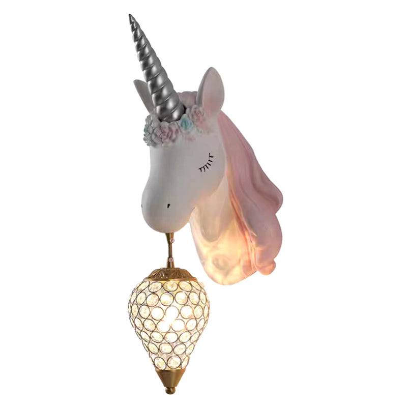 Crystal Droplet Wall Mount Light Cartoon 1-Bulb Sconce Fixture with Unicorn Deco for Kids Room