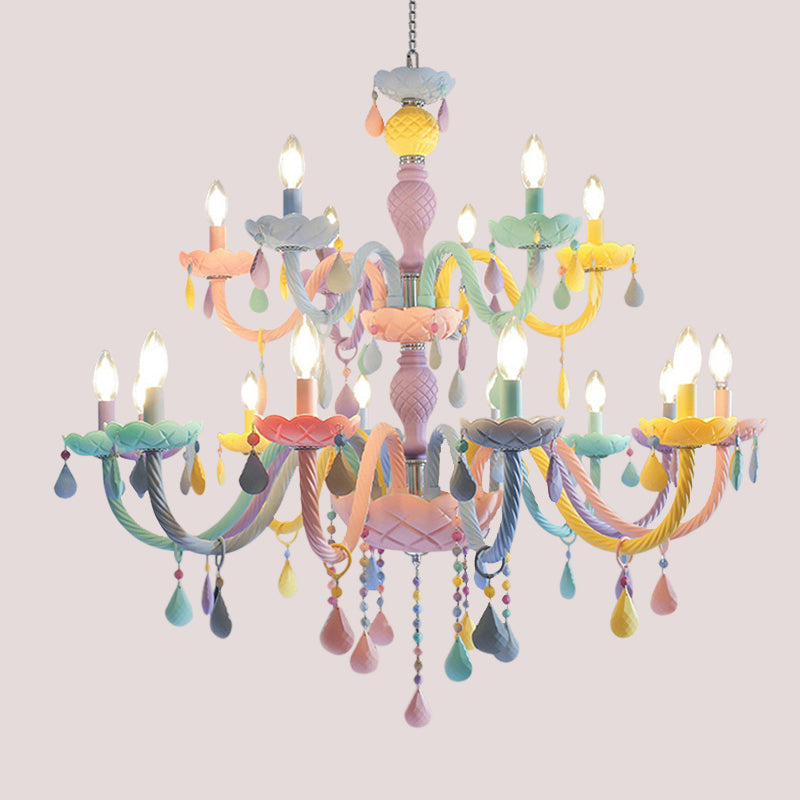 Pink Candle Style Hanging Light Kids Multicolored Glass Chandelier for Baby Room