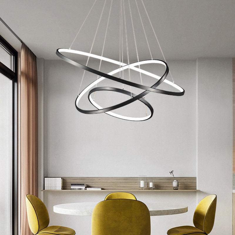 Height Adjustable Ring LED Pendant Lighting Simplicity Metal Black Chandelier for Dining Room