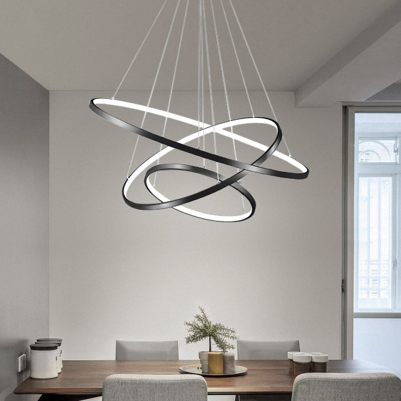 Height Adjustable Ring LED Pendant Lighting Simplicity Metal Black Chandelier for Dining Room