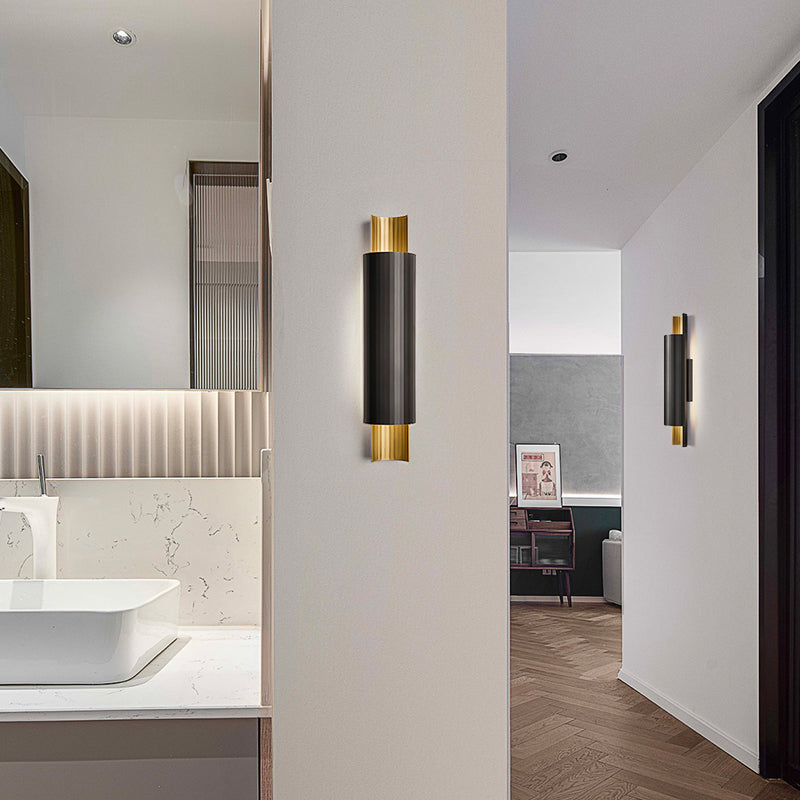 Pipe Shaped LED Wall Mount Lighting Postmodern Metal Bedside Sconce in Black and Gold Inner