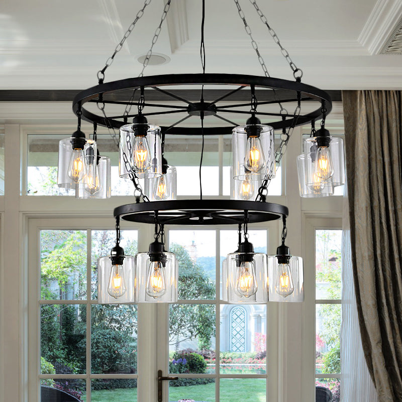 14 Lights Ceiling Light Traditional Two-Tiers Clear Glass Hanging Chandelier in Black with Cylinder Shade
