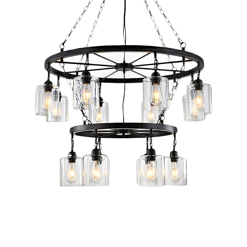 14 Lights Ceiling Light Traditional Two-Tiers Clear Glass Hanging Chandelier in Black with Cylinder Shade