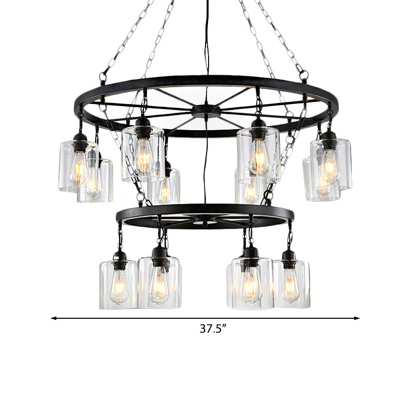 14 Lights Ceiling Light Traditional Two-Tiers Clear Glass Hanging Chandelier in Black with Cylinder Shade