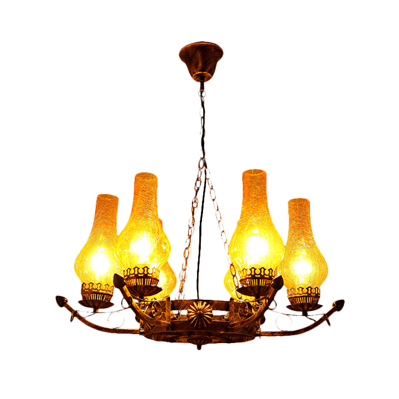 6-Light Crackle Glass Hanging Chandelier Traditional Beige Vase Living Room Pendant Light Fixture