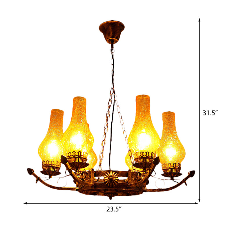 6-Light Crackle Glass Hanging Chandelier Traditional Beige Vase Living Room Pendant Light Fixture