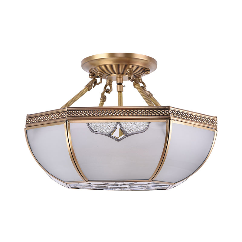 Brass Dome Semi Flush Mount Lamp Traditional Milk Glass 3 Bulbs Ceiling Mounted Light for Living Room