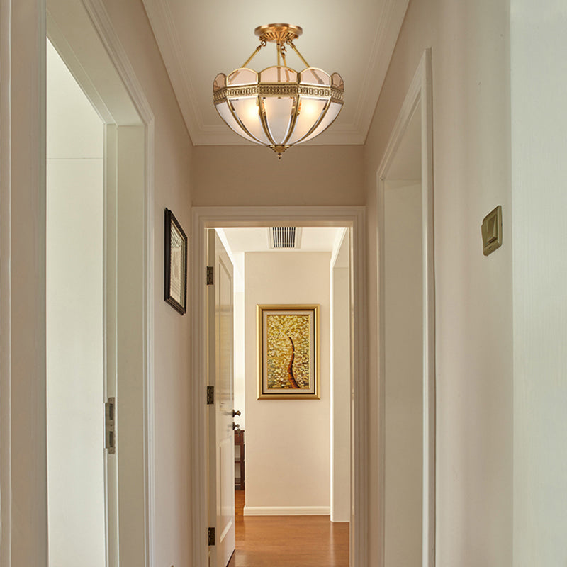 4 Bulbs Umbrella Semi Flush Mount Light Traditional Frosted Glass Ceiling Mounted Fixture in Brass
