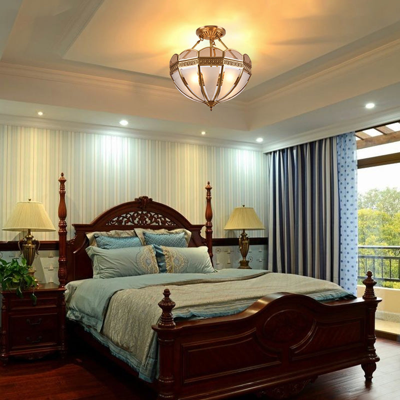 4 Bulbs Umbrella Semi Flush Mount Light Traditional Frosted Glass Ceiling Mounted Fixture in Brass
