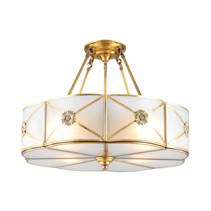 18"/23.5" Wide Drum Semi Flush Mount Traditional White Glass Brass 4/6 Bulbs Ceiling Mount Chandelier