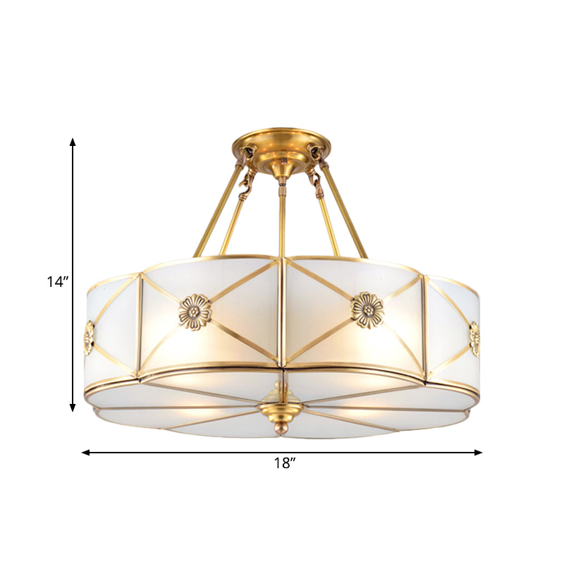 18"/23.5" Wide Drum Semi Flush Mount Traditional White Glass Brass 4/6 Bulbs Ceiling Mount Chandelier