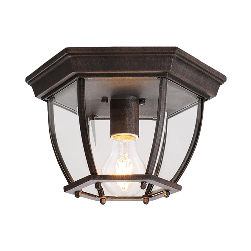 1 Bulb Cage Flush Light Traditionary Clear Glass Ceiling Mounted Fixture in Rust for Balcony