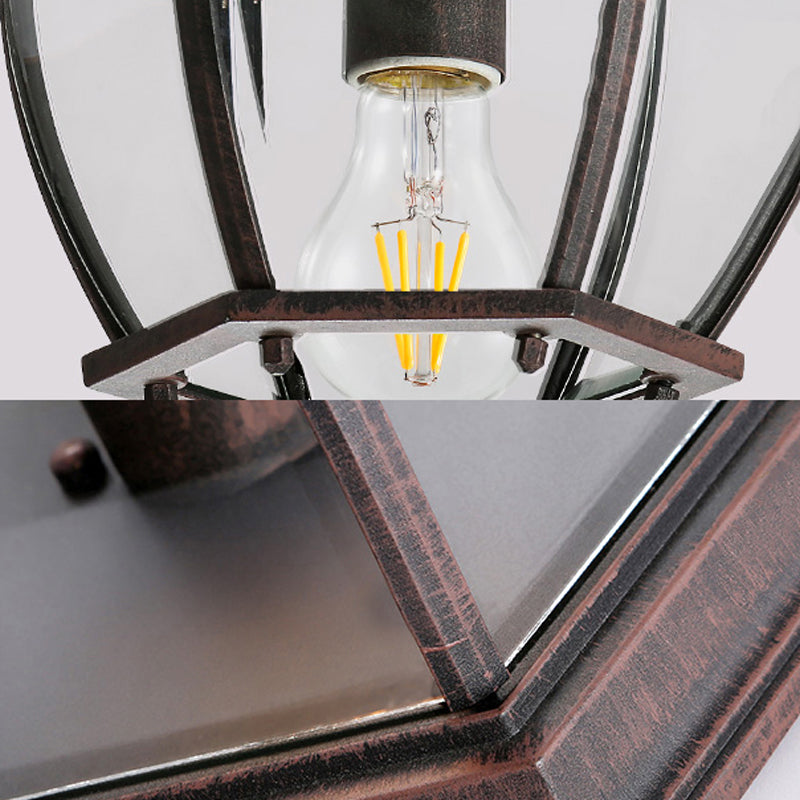 1 Bulb Cage Flush Light Traditionary Clear Glass Ceiling Mounted Fixture in Rust for Balcony