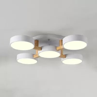 Living Room Drum Ceiling Light Wood Metal 5 Heads Macaron Loft Semi Flush Mount Light