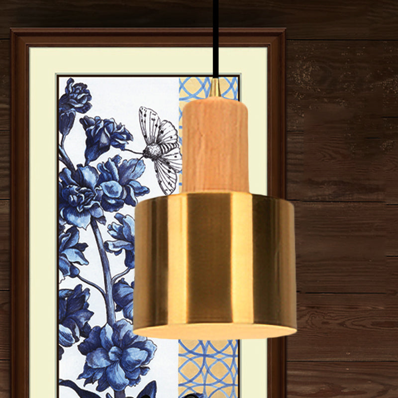 Luce a sospensione a forma di tamburo moderna 1 Lampada a sospensione a soffitto metallizzato in oro per cucina