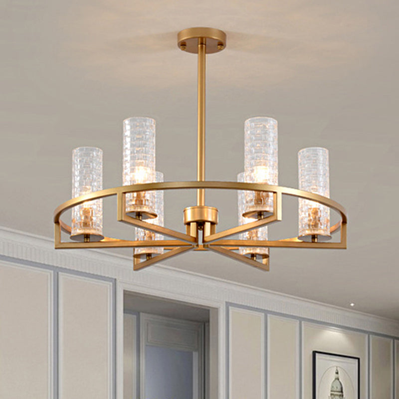 Goldzylinder Kronleuchterlampe Traditionelles klares geripptes Glas 6/8/10 Lichter Wohnzimmer Hanges Licht mit Raddesign