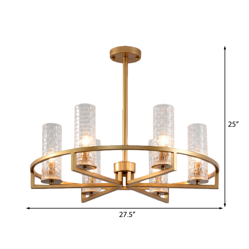Gold Cylinder Chandelier Lamp Traditional Clear Ribbed Glass 6/8/10 Lights Living Room Hanging Light with Wheel Design