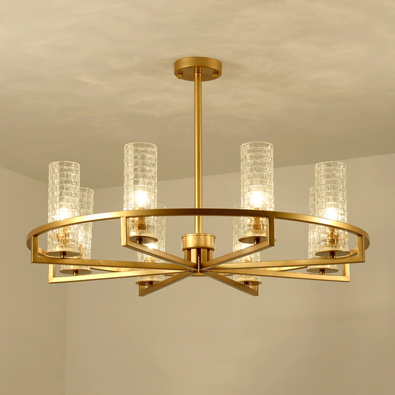 Goldzylinder Kronleuchterlampe Traditionelles klares geripptes Glas 6/8/10 Lichter Wohnzimmer Hanges Licht mit Raddesign