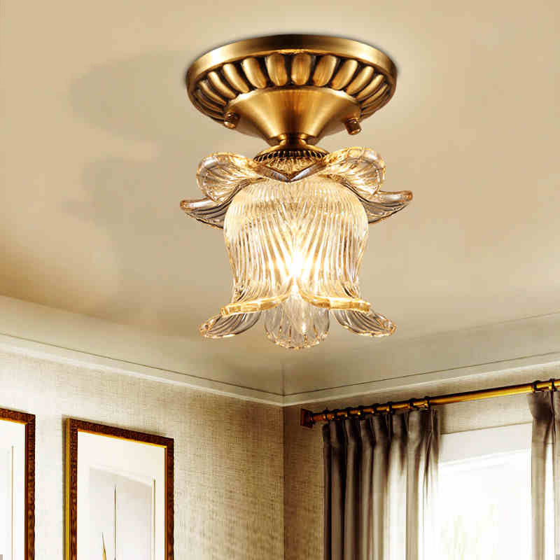 Flower Semi Flush Mount Traditional Clear Ribbed Glass 1 Bulb Brass Ceiling Mount Chandelier