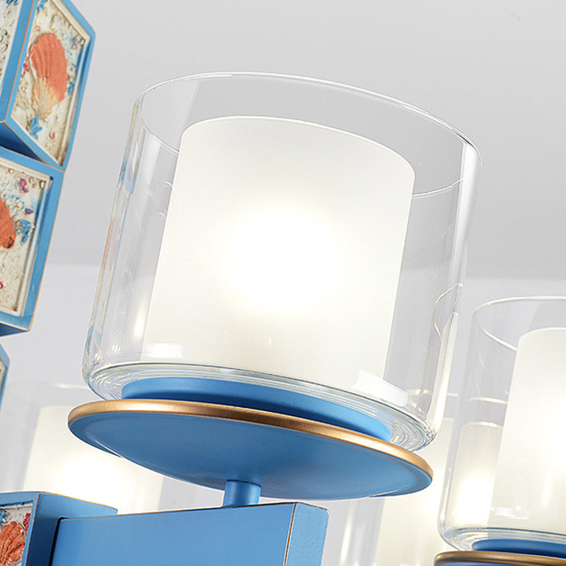 Cartoon Cylinder Pendant Lamp with Shell Deco Metal 4 Lights Blue Chandelier for Kindergarten