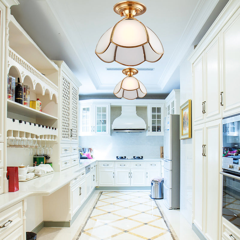 Dome Semi Flush Mount Tradition Opal Glass Brass 1 Bulb Ceiling Light Fixture for Bedroom