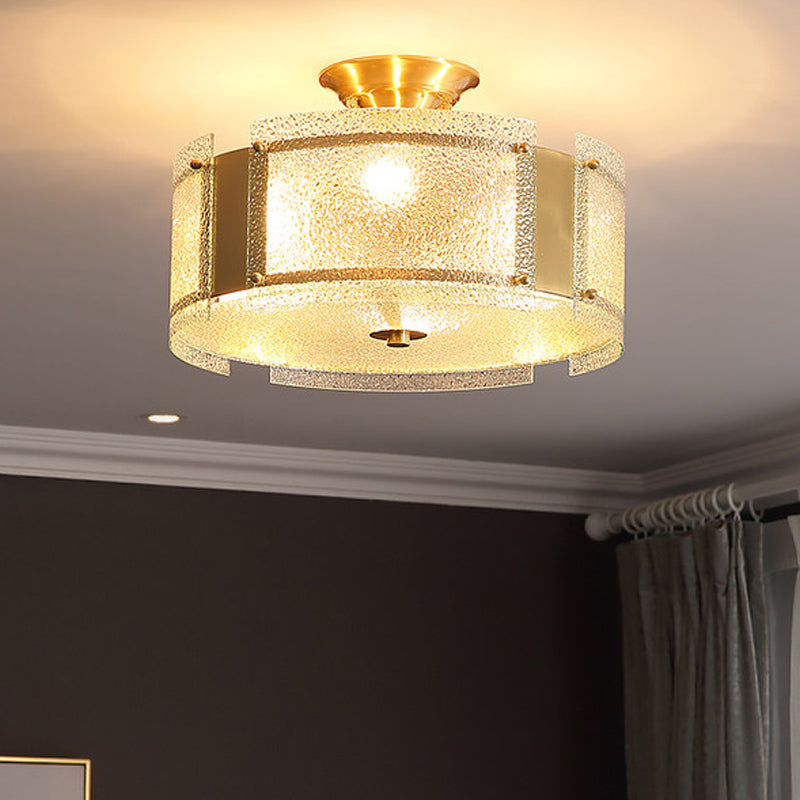 Brass Drum Semi Flush Mount Lamp Traditionary Textured Glass 4 Heads Ceiling Mounted Light for Living Room