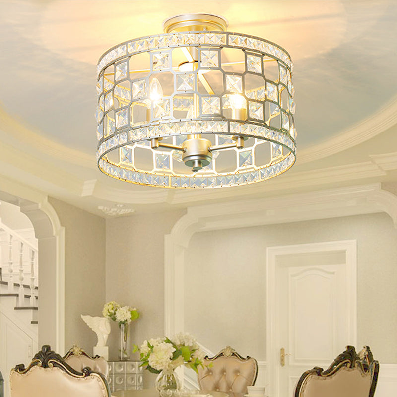 3 Bulbs Cylinder Semi Flush Light Traditionary Clear Glass Ceiling Mounted Fixture in Silver/Gold for Dining Room