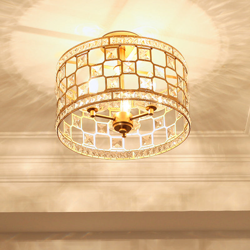 3 Bulbs Cylinder Semi Flush Light Traditionary Clear Glass Ceiling Mounted Fixture in Silver/Gold for Dining Room