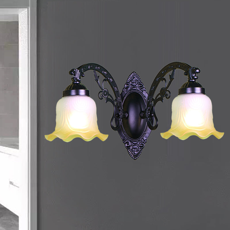 Flower Living Room Wall Light Sconce Vintage Style Metal 1/2 Lights Black/White Wall Lamp with Frosted Glass Shade