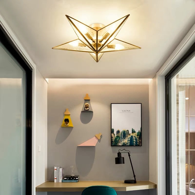 Getextureerde glazen ster inbouw traditionele 5 lampen messing plafondmontage kroonluchter voor woonkamer