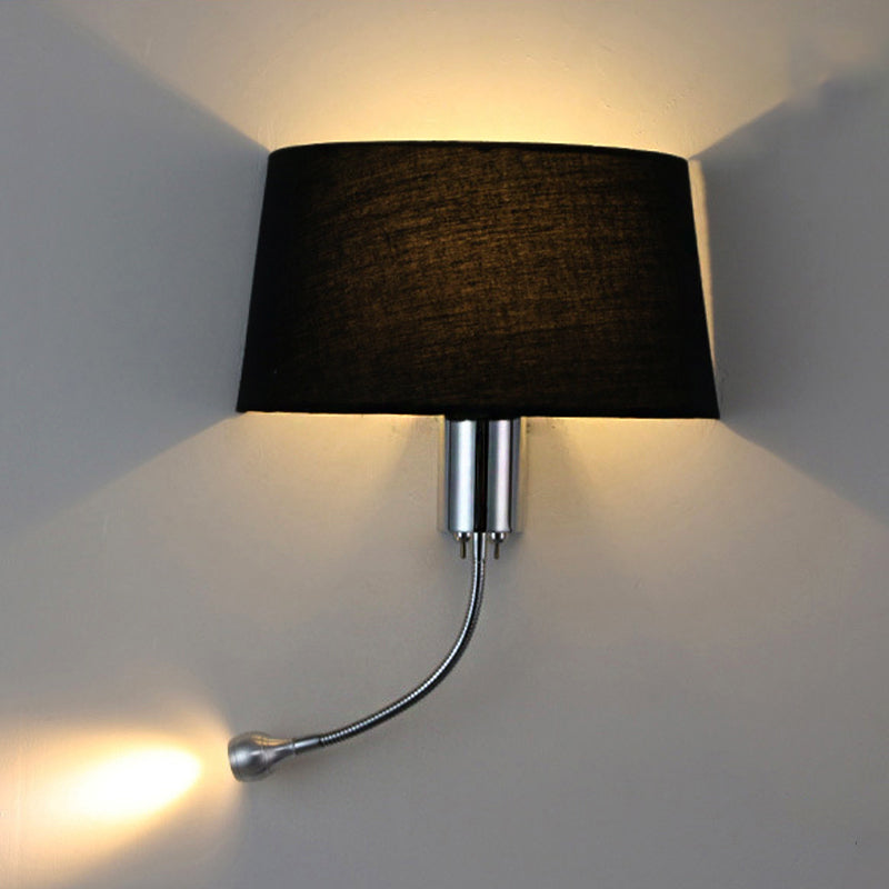 Black/White/Beige Drum Reading Wall Sconce Traditional Fabric 1 Head Bedroom Adjustable Wall Mounted Light