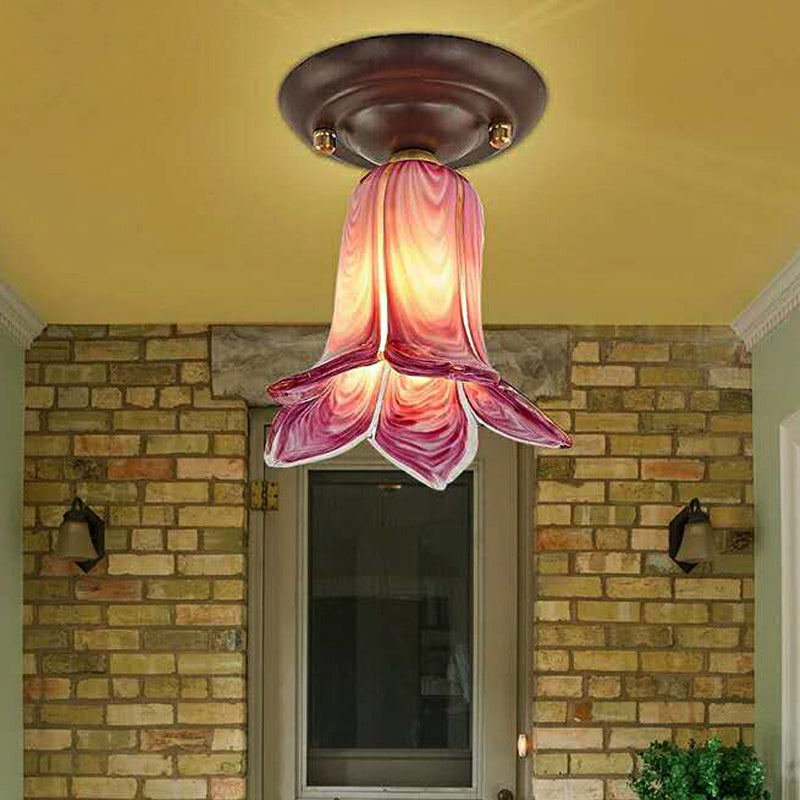 Flower Shaped White/Yellow/Purple Glass Flush Fixture Traditional 1 Light Living Room Ceiling Light Fixture