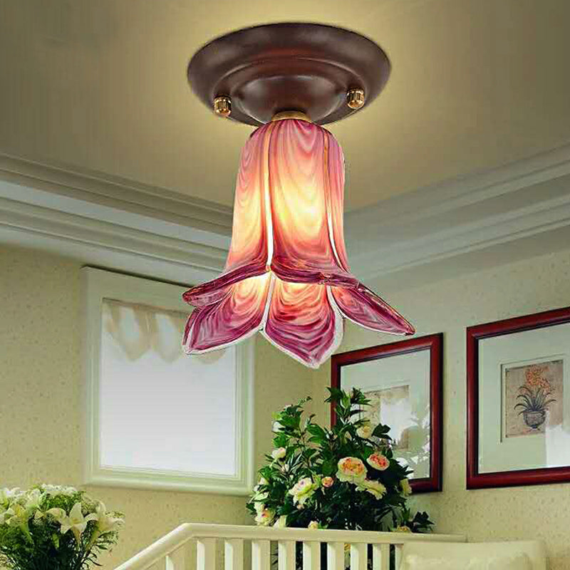 Bloemvormig wit/geel/paars glasinbouwarmatuur Traditionele 1-lichts woonkamerplafondlamp