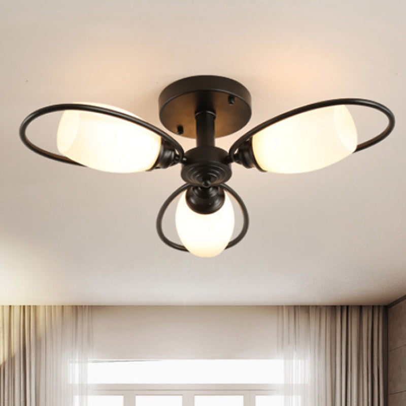 3/6/8 luces Semi Flush Mount Flower Flower Vidrio Blanco Luz de techo en negro para sala de estar
