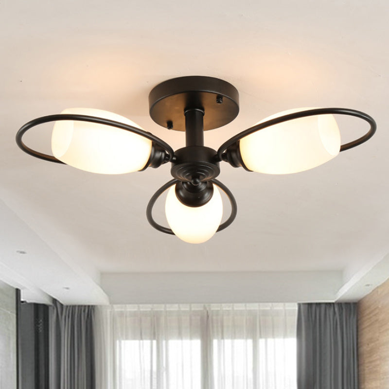 3/6/8 luces Semi Flush Mount Flower Flower Vidrio Blanco Luz de techo en negro para sala de estar