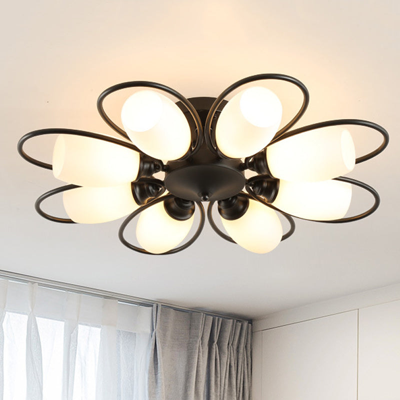 3/6/8 luces Semi Flush Mount Flower Flower Vidrio Blanco Luz de techo en negro para sala de estar