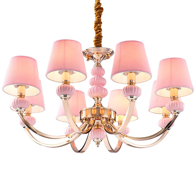 Conische kinderslaapkamer hangende lamp geplooide stof Noordse kroonluchter licht met boogarm