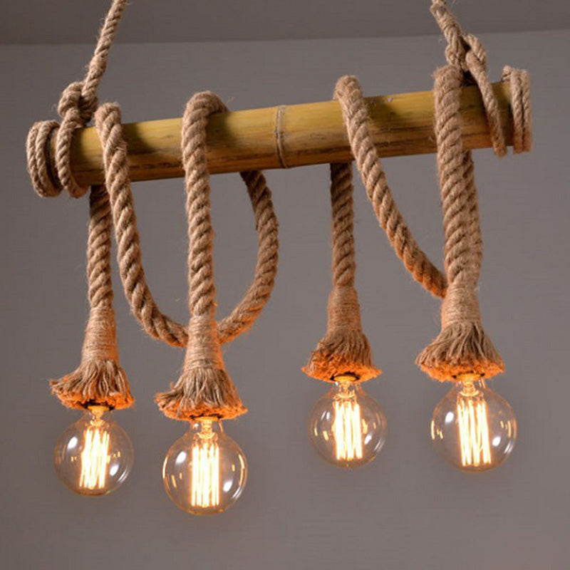 Brown Island Pendant Light Rustic Rope Open Bulb Hanging Light Kit with Bamboo Pole