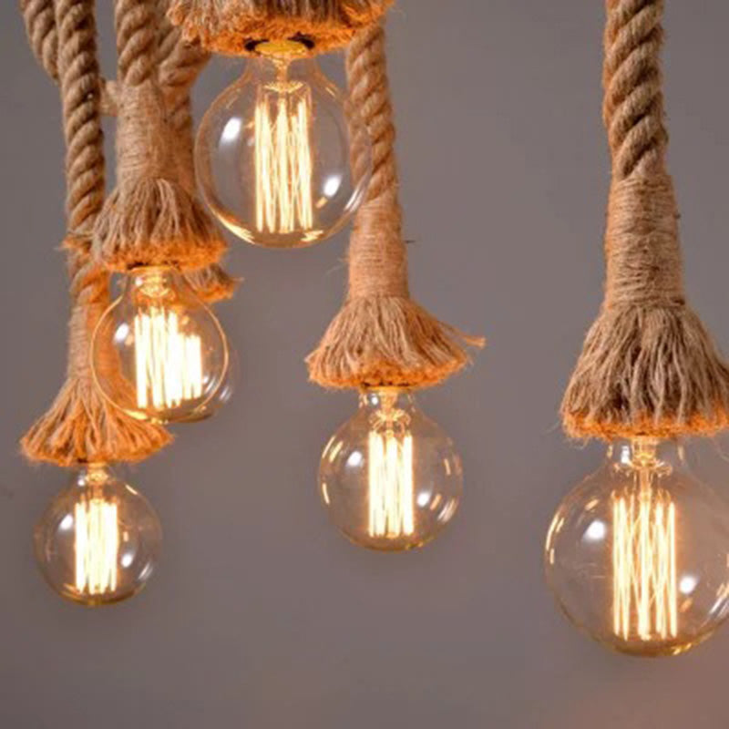 Brown Island Pendant Light Rustic Rope Open Bulb Hanging Light Kit with Bamboo Pole