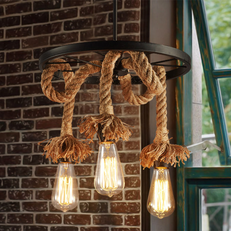Rustic Bare Bulb Hanging Lamp Hand-Wrapped Rope Chandelier in Brown with Decorative Wheel