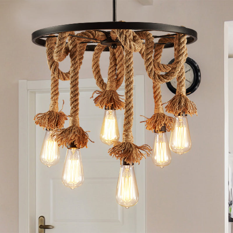 Rustic Bare Bulb Hanging Lamp Hand-Wrapped Rope Chandelier in Brown with Decorative Wheel