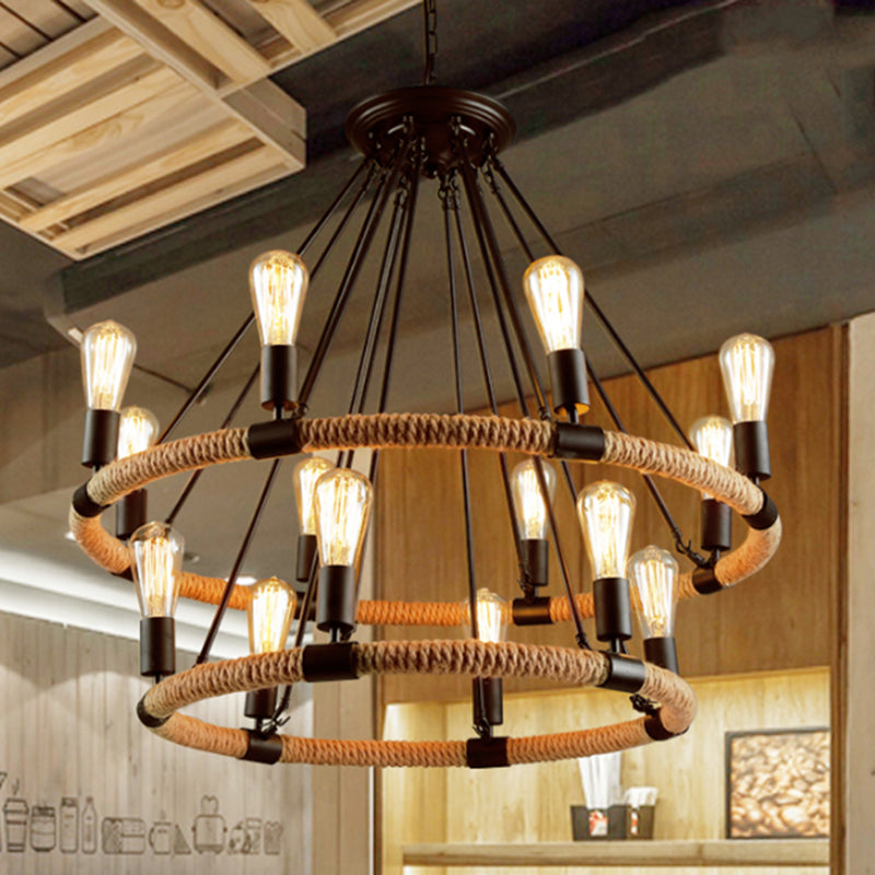 Circular Roped Pendant Lighting Country Style 14 Heads Restaurant Chandelier in Brown