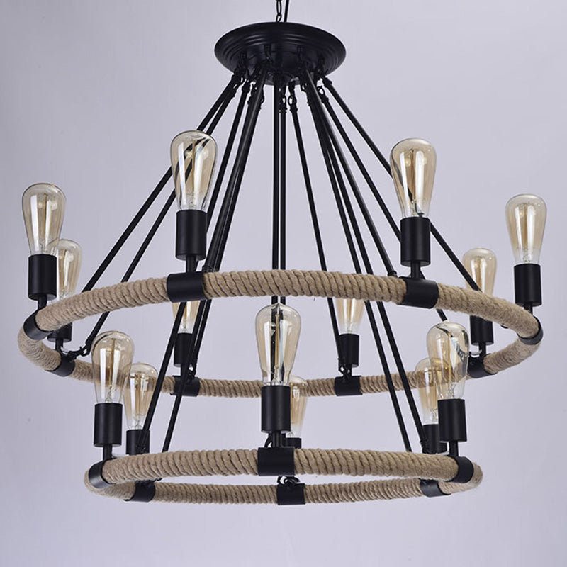 Circular Roped Pendant Lighting Country Style 14 Heads Restaurant Chandelier in Brown