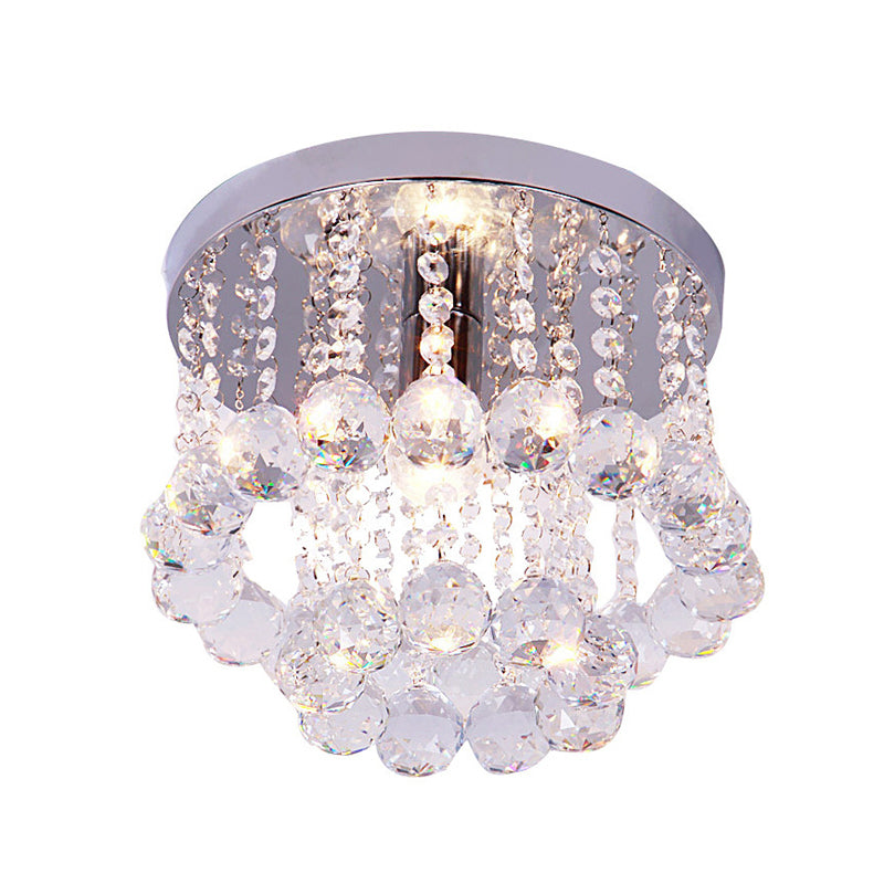Chrome Finish Round Flushmount Light Modern Single Metal Semi Flush Mount Ceiling Fixture with Crystal Drops