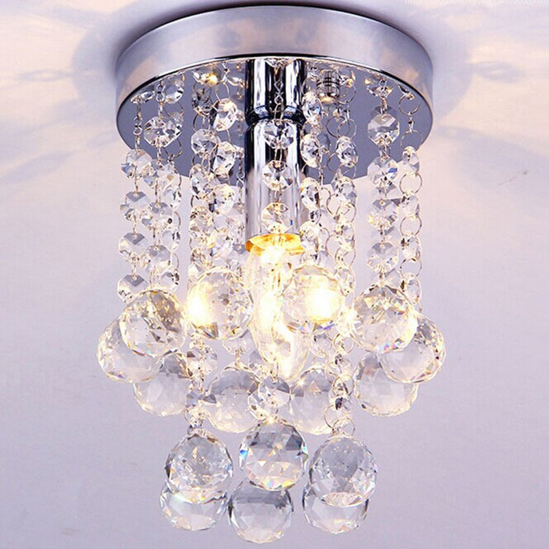 Chrome Finish Round Flushmount Light Modern Single Metal Semi Flush Mount Ceiling Fixture with Crystal Drops