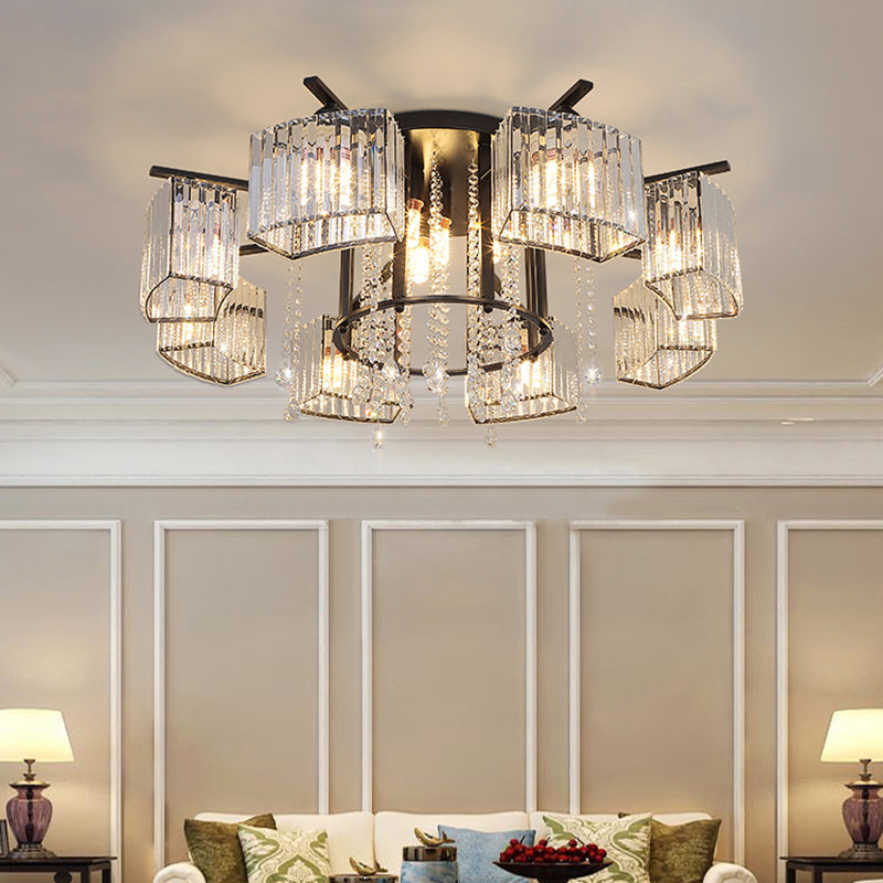 Círculo Semi Flush Techo Accesorio Bloque de cristal moderno Sala de estar Flushmount Light in Black